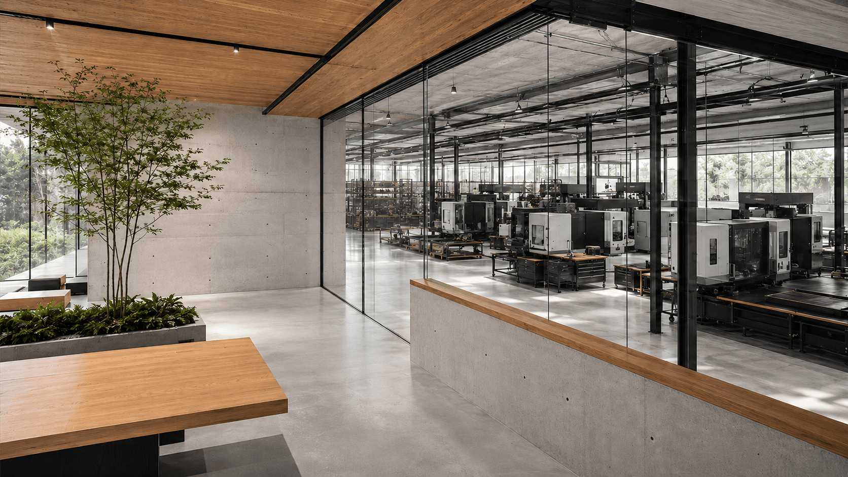 Warm cedar industrial lounge with a glass view into a manufacturing shop.