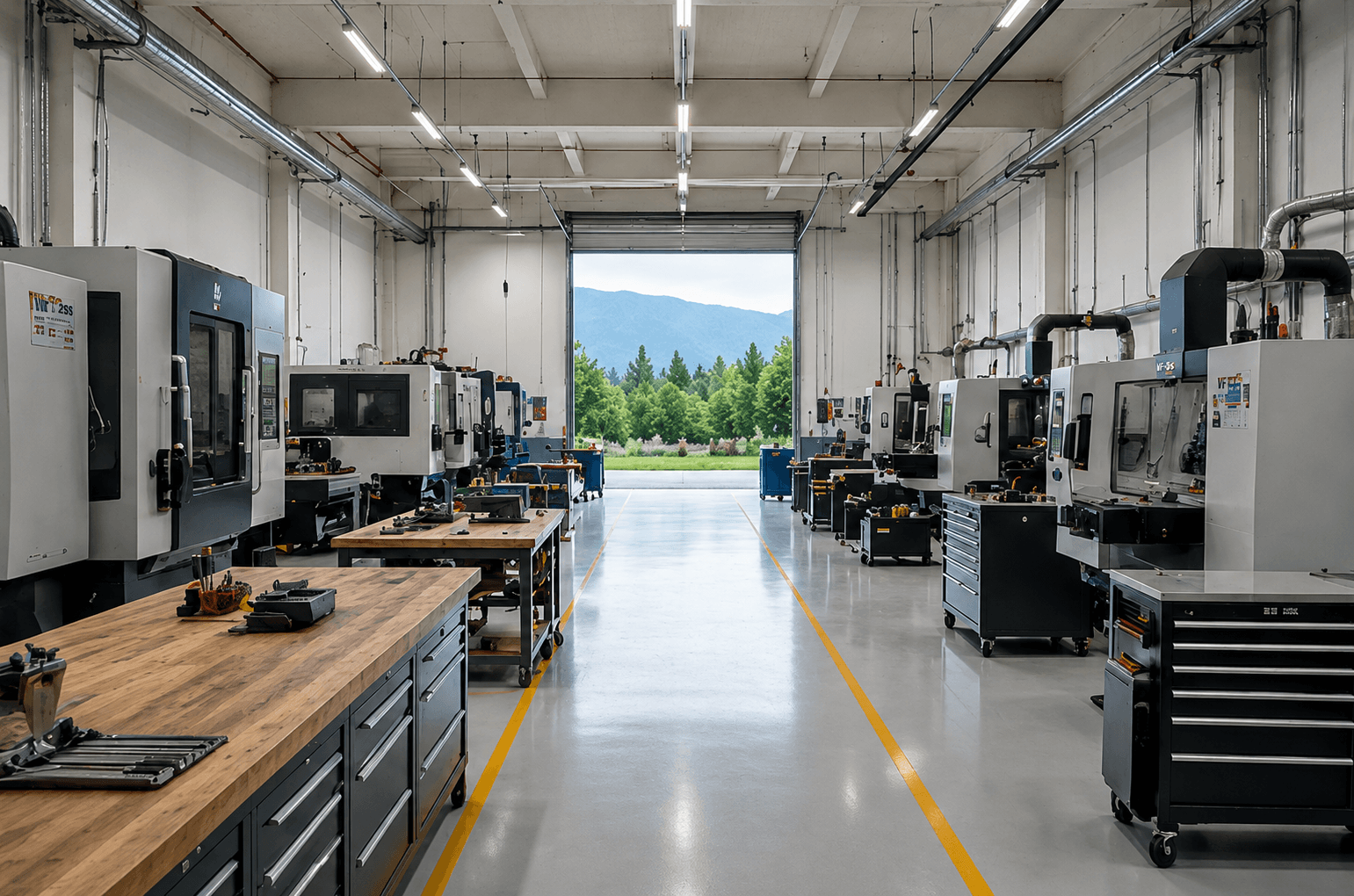 Clean machine shop with organized equipment, bright floors, and clear pathways.