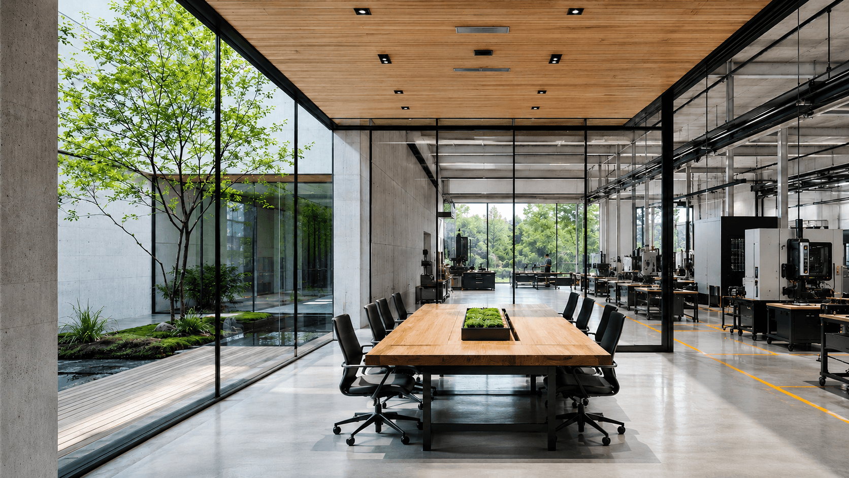 Modern industrial office overlooking a clean manufacturing floor.