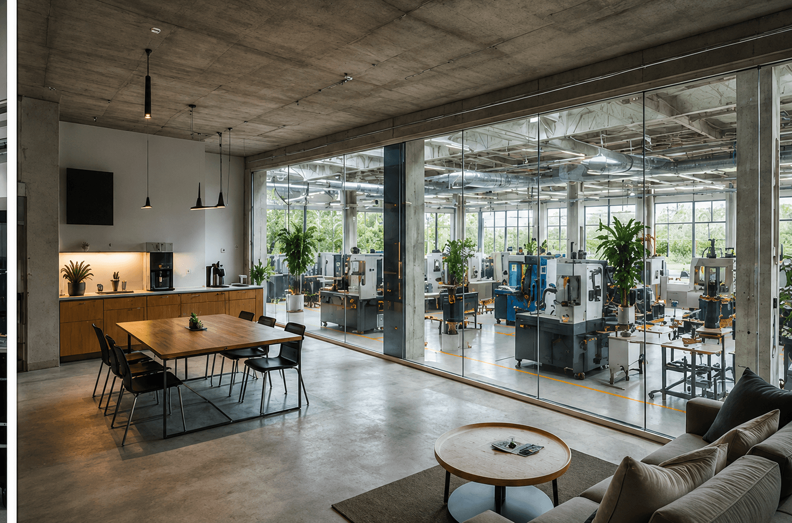 Industrial office lounge with glass walls looking into a clean production area.