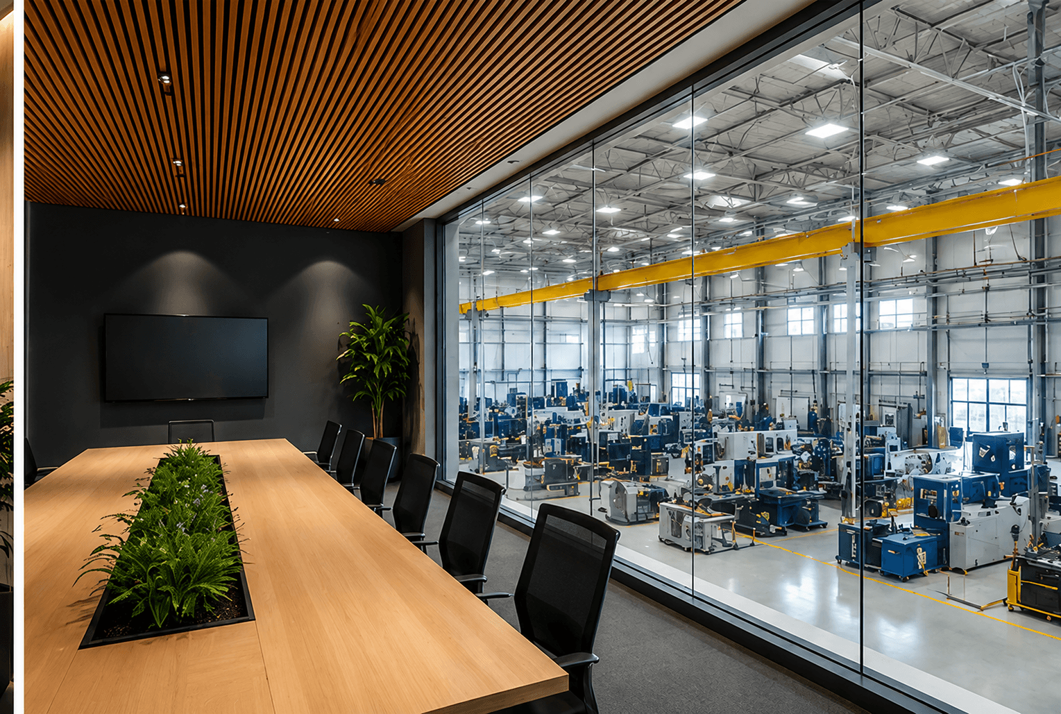 Conference room with cedar table overlooking an organized manufacturing floor.