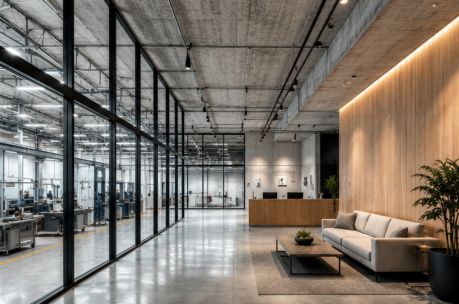 Modern manufacturing lobby with concrete, wood, glass, and a clean production view.
