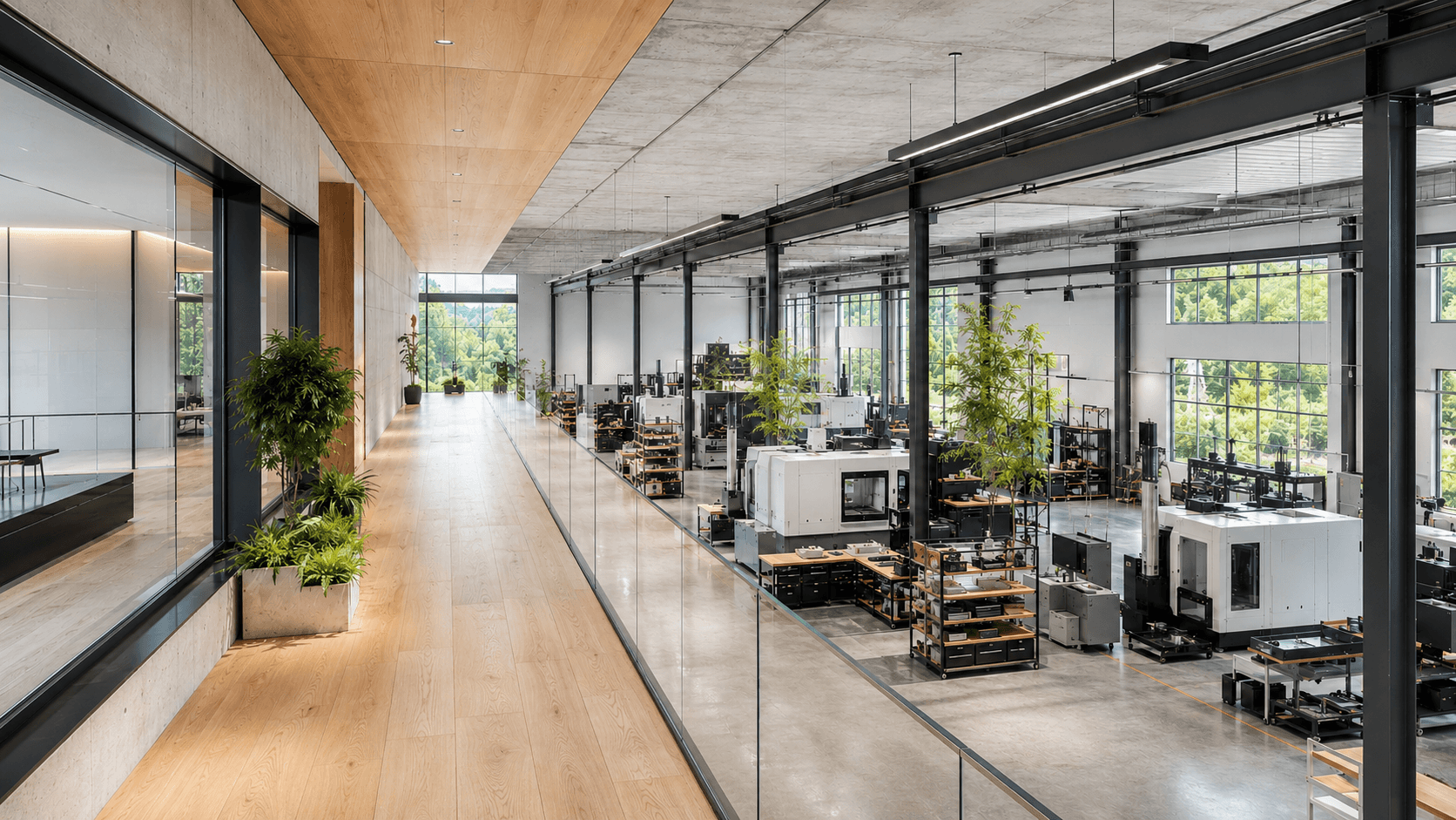 Bright manufacturing atrium with concrete, cedar, greenery, and organized production space.